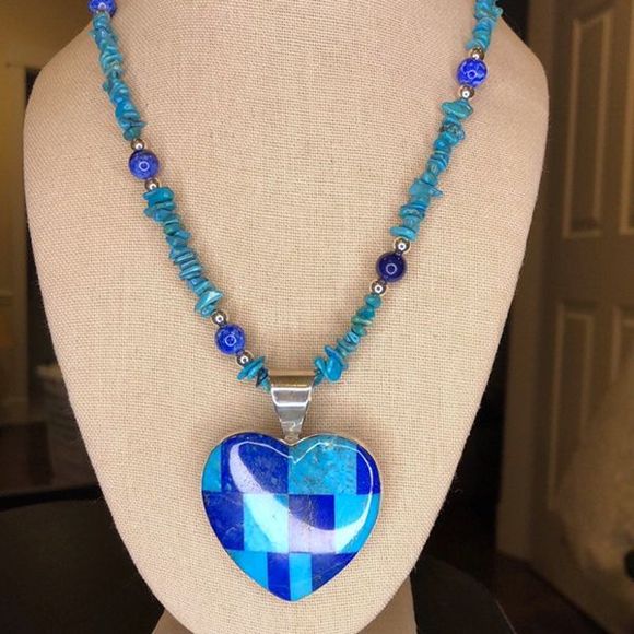 JAY KING DTR Turquoise Lapis Mosaic Inlay Heart Pendant Turquoise Lapis Necklace - Picture 1 of 13